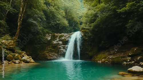 Waterfall cascades into a turquoise pool surrounded by lush green forest