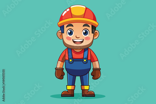 A cheerful cartoon character in a construction worker outfit smiles confidently, featuring bright colors and a playful design perfect for kids' materials or education.