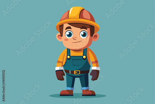 A young cartoon construction worker smiles while wearing a bright hard hat and overalls, showcasing his enthusiasm for his job against a vibrant blue backdrop.