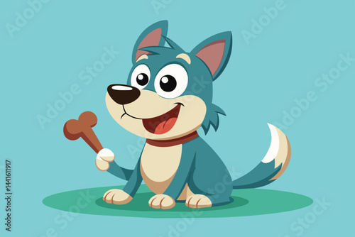 A cheerful cartoon dog with blue fur and a happy expression sits on a grassy area, excitedly holding a bone in its paw, ready to play.