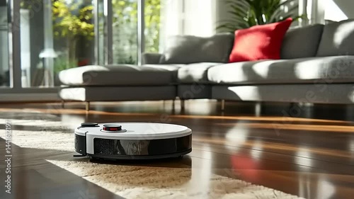 Modern Home Cleaning with Autonomous Robotic Vacuum Cleaner in Action with Sunlight