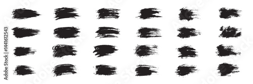 Brush paint vector set. Messy ink brush strokes, Korean calligraphy strokes. Black abstract messy spot collection. Grungy frames pack. Sale promotion banner background