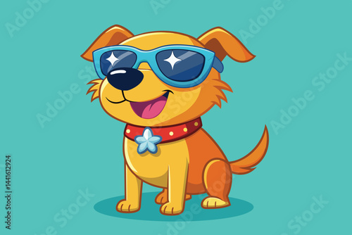 A cheerful cartoon dog sports stylish blue sunglasses and a red collar, exuding joy and playfulness in a bright turquoise setting ideal for kidsâ€™ illustrations.