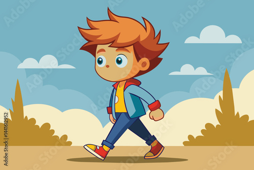 A young cartoon boy with spiky orange hair walks happily along a dirt path. He wears a blue jacket, yellow shirt, and enjoys a bright day under the sky filled with soft clouds.