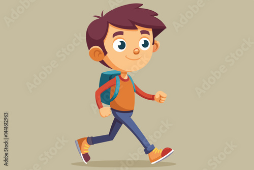A cheerful young boy is walking with a backpack on his back, smiling as he strolls. He wears colorful clothes and has a lively demeanor, embodying joy and curiosity.