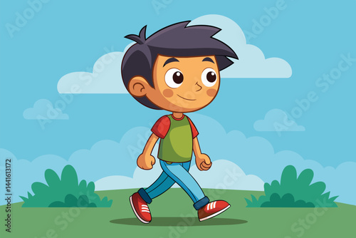 A young boy with a bright smile strolls confidently through a sunny outdoor setting, surrounded by green foliage and fluffy clouds, enjoying a carefree moment.