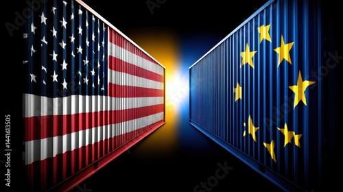 Broken shipping containers with usa and eu flags showing trade war and tariffs