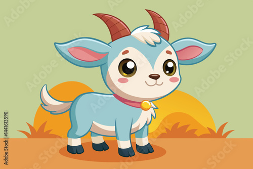 A cheerful cartoon goat is standing on vibrant green grass, displaying a friendly smile and playful stance, ideal for engaging children's content and educational resources.