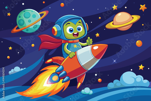 A joyful character dressed as an astronaut zooms through outer space in a vibrant rocket, surrounded by colorful planets and twinkling stars against a dark background.