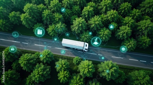A white truck is driving along the highway or on asphalt road near the forest. Top view from drone. Aerial view landscape. Cargo delivery and transportation concept