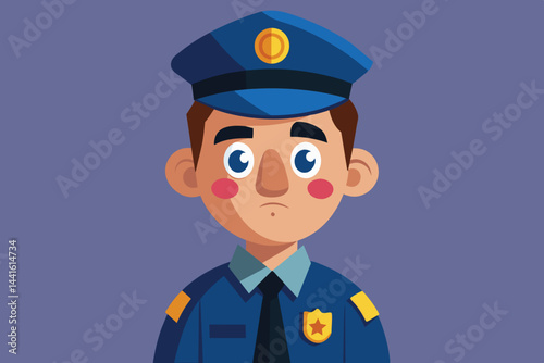 A cheerful cartoon police officer smiles while wearing a blue uniform with a tie and hat. This character is set against a bold red background, emphasizing a lighthearted theme.