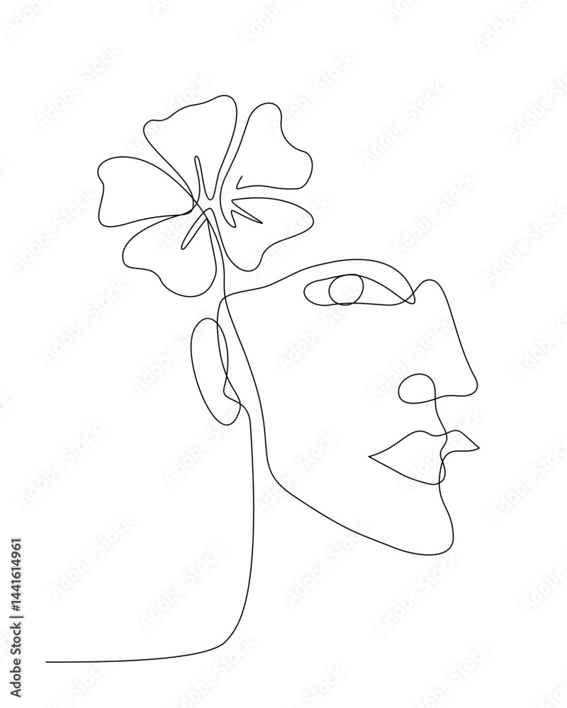 Continuous line art of a Non-binary gender person face with a flower, lineart vector illustration.