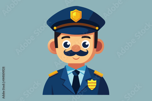 A cheerful cartoon police officer is depicted, wearing a blue uniform and cap with a badge, exuding a sense of safety and community with a warm expression.