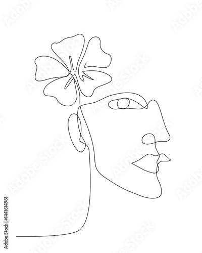 Continuous line art of a Non-binary gender person face with a flower, lineart vector illustration.