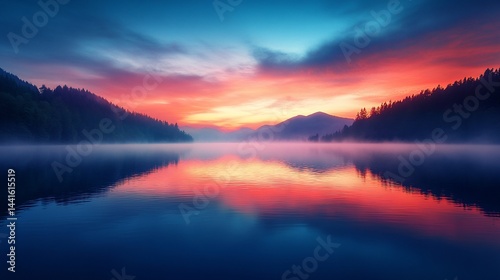 Serene Sunrise Over Misty Lake