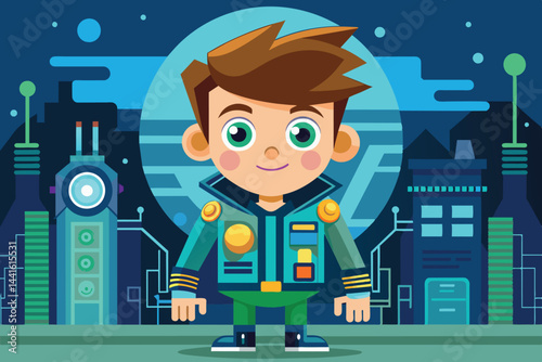 A young astronaut with bright orange hair wears a blue space suit and stands ready on a high-tech space station, surrounded by vivid cosmic scenery and distant planets.