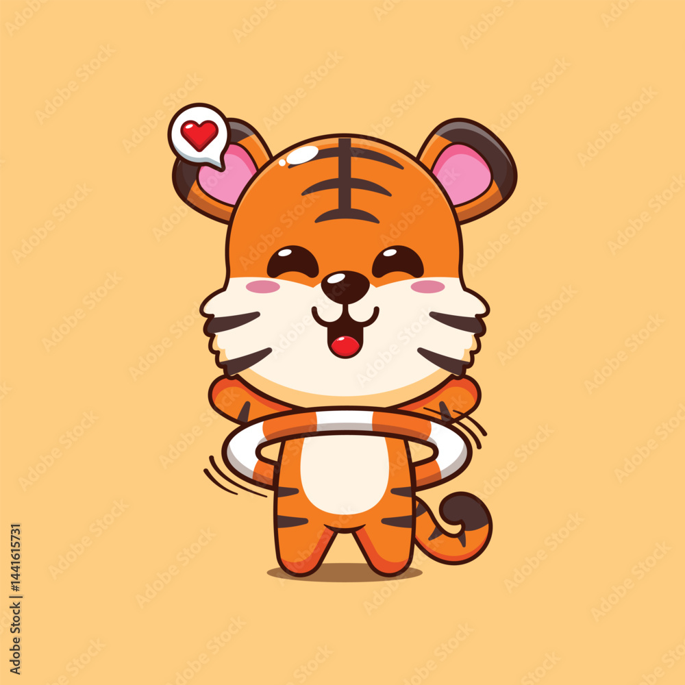 Obraz premium Cute tiger cartoon vector illustration playing hula hoop