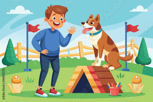 A cheerful boy waves at his corgi, showcasing the dog's skills while training at an agility course surrounded by colorful flags and a scenic landscape.