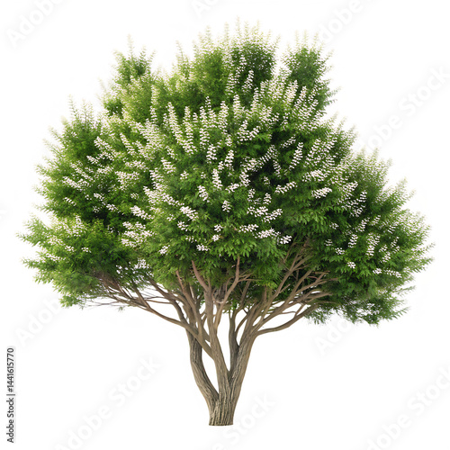 Single crape myrtle tree with white flowers isolated on black background