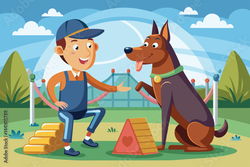 A young boy happily waves at his playful dog, which is joyfully jumping in a park filled with green grass and colorful scenery, perfect for outdoor activities.