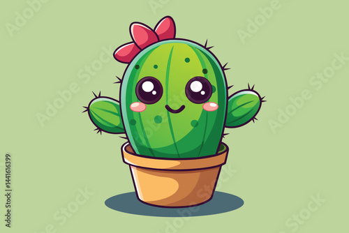 A cheerful cactus in a clay pot smiles joyfully, adorned with a pink flower. The cactus stands in a sunny desert with two smaller cacti nearby.