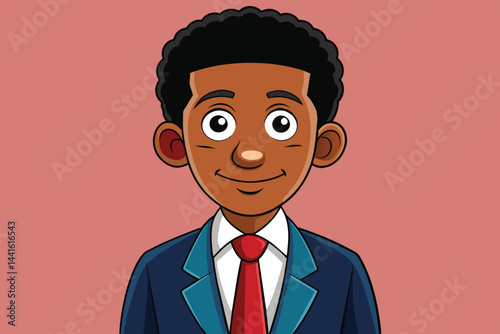 A cheerful animated character wearing a blue suit and a yellow tie smiles warmly against a bright blue background, exuding a friendly and approachable vibe.