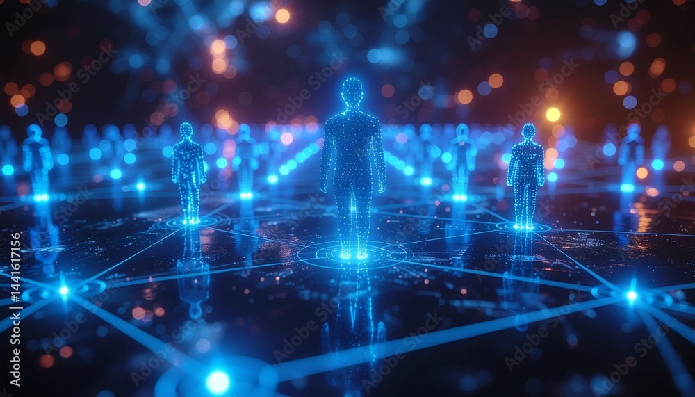 Obraz premium Digital network of glowing human figures connected by futuristic lines