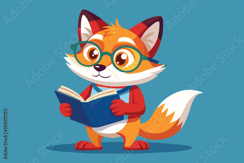 A whimsical fox character, wearing glasses, happily sits on the floor, engrossed in reading a book, enjoying a moment of learning and curiosity.