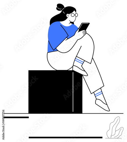 Woman with glasses reads tablet while seated on block, wearing casual wear. Ideal for education, technology, reading, leisure, digital lifestyle, modern learning, flat simple metaphor