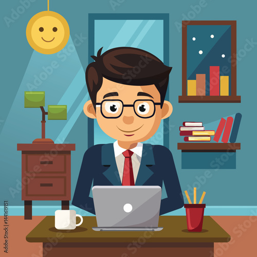 A young man dressed in formal attire is sitting at a desk, actively working on his laptop in a contemporary office setting filled with plants and files.