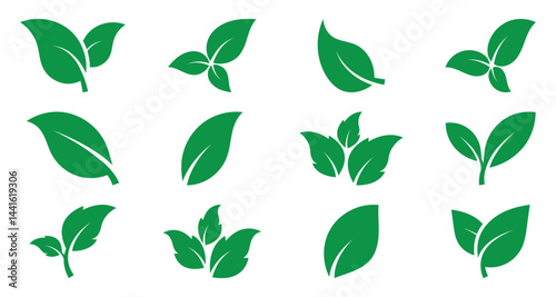 Eco green color leaf vector logo flat icon set. Isolated leaves icon on white background. Bio plant and tree floral forest concept design. Vector green leaf icon, eps 10