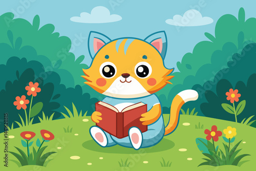 A cartoon cat with orange and white fur sits comfortably in a lush meadow, happily reading a blue book, enjoying a sunny day with flowers and greenery around.
