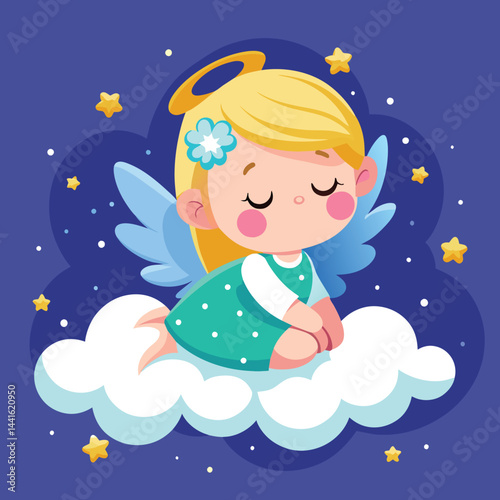 A cheerful cartoon angel with golden hair and tiny wings sits contently on a fluffy cloud, exuding a sense of peace and tranquility against a light background.