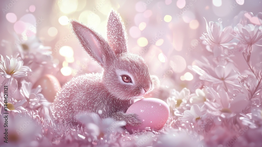 Obraz premium Playful Easter rabbit with shimmering fur, holding a pastel-colored egg in a magical springtime setting.