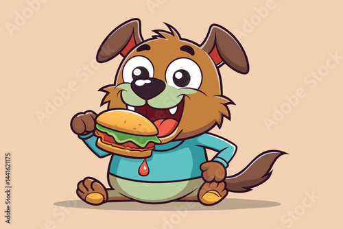 A lively cartoon dog with a big smile is happily holding a colorful burger, portraying a fun and playful atmosphere focused on food.