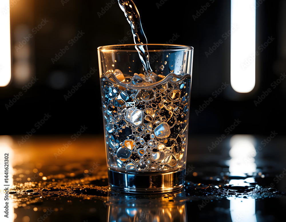 Refreshing Cold Drink with Ice Cubes in Glass – Splash and Pouring Water Close-Up in Low Light. Refreshing Cold Drink with Ice Cubes in Glass – Splash and Pouring Water Close-Up in Low Light.
