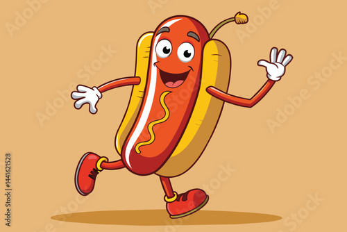 A playful cartoon hot dog with arms and legs, wearing sneakers, smiles widely while running through vibrant flames against a cheerful yellow backdrop.