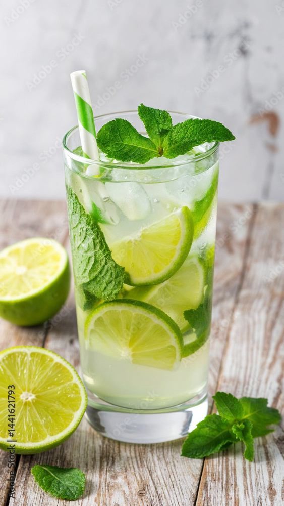 Virgin Mojito mocktail with lime slices, mint leaves, and a green straw. Bubbles are visible, set against a light gray background Virgin Mojito mocktail with lime slices, mint leaves, and a green straw. Bubbles are visible, set against a light gray background