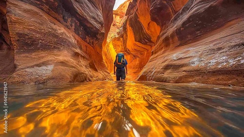 Adventurous hiker wading through a narrow canyon photo