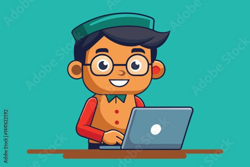 The young man focuses on his laptop while sitting comfortably at a desk, with a cup nearby, immersed in work during a relaxed afternoon.