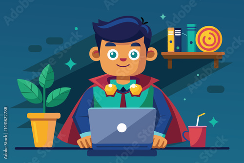 A young boy sits at a desk, focused on his laptop while wearing a vibrant superhero-themed outfit, brightening the workspace with lively plants and cheerful decorations.