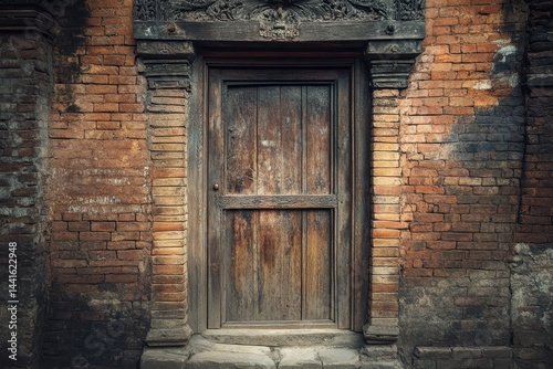 Door Wood. Ancient Wooden Door in Bhaktapur, Nepal with Stone Wall and Statue