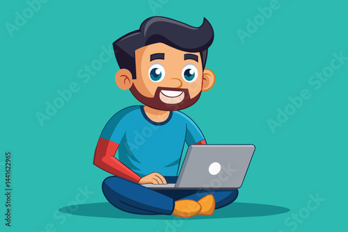 A cheerful young man with glasses is focused on his laptop while sitting at a desk, enjoying a productive day in a bright and inviting workspace.