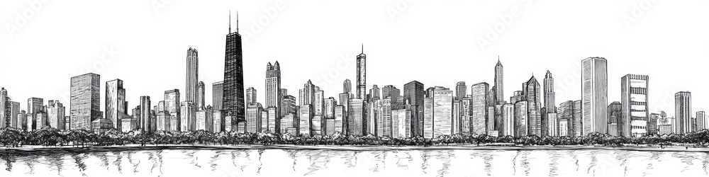 Fototapeta premium Drawing Of City. Panoramic View of Chicago Skyline with Skyscrapers in Detailed Ink Illustration
