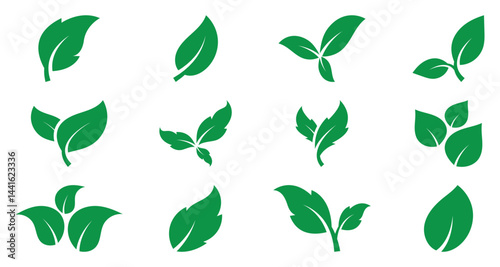Green leaves icons set isolated on white background. Vegan, tree, plant, fresh, energy and healthy nutrition concept. Vector illustration. EPS 10