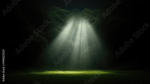 Light beams illuminating a dark forest glade