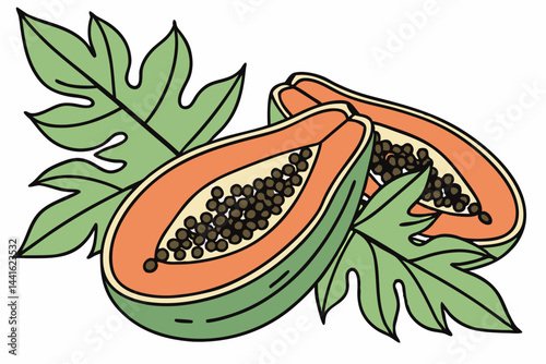 Half ripe papaya with vibrant orange flesh and green leaves on a clean transparent background, half ripe papaya with leaf isolated on transparent background