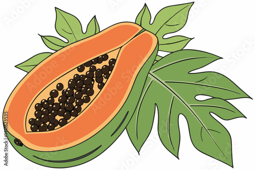 Half ripe papaya with vibrant orange flesh and green leaves on a clean transparent background, half ripe papaya with leaf isolated on transparent background