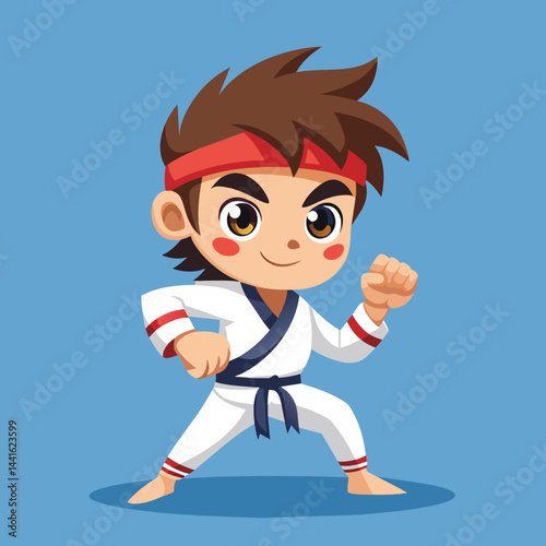 This spirited young martial artist showcases strength and confidence in a traditional karate uniform, preparing for an exciting karate practice session.