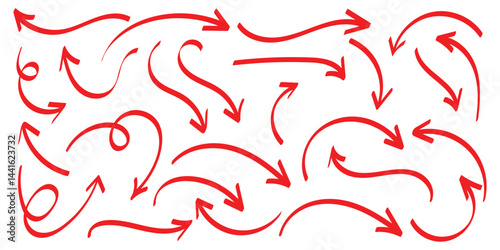 Curved arrows isolated on white background. Curved arrows, hand drawn curved arrows. Red curve arrow icon vector illustration, eps 10 file
